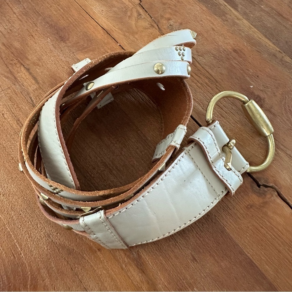 Linea Pelle Studded White Leather Belt Gold Buckle Western Boho Size M